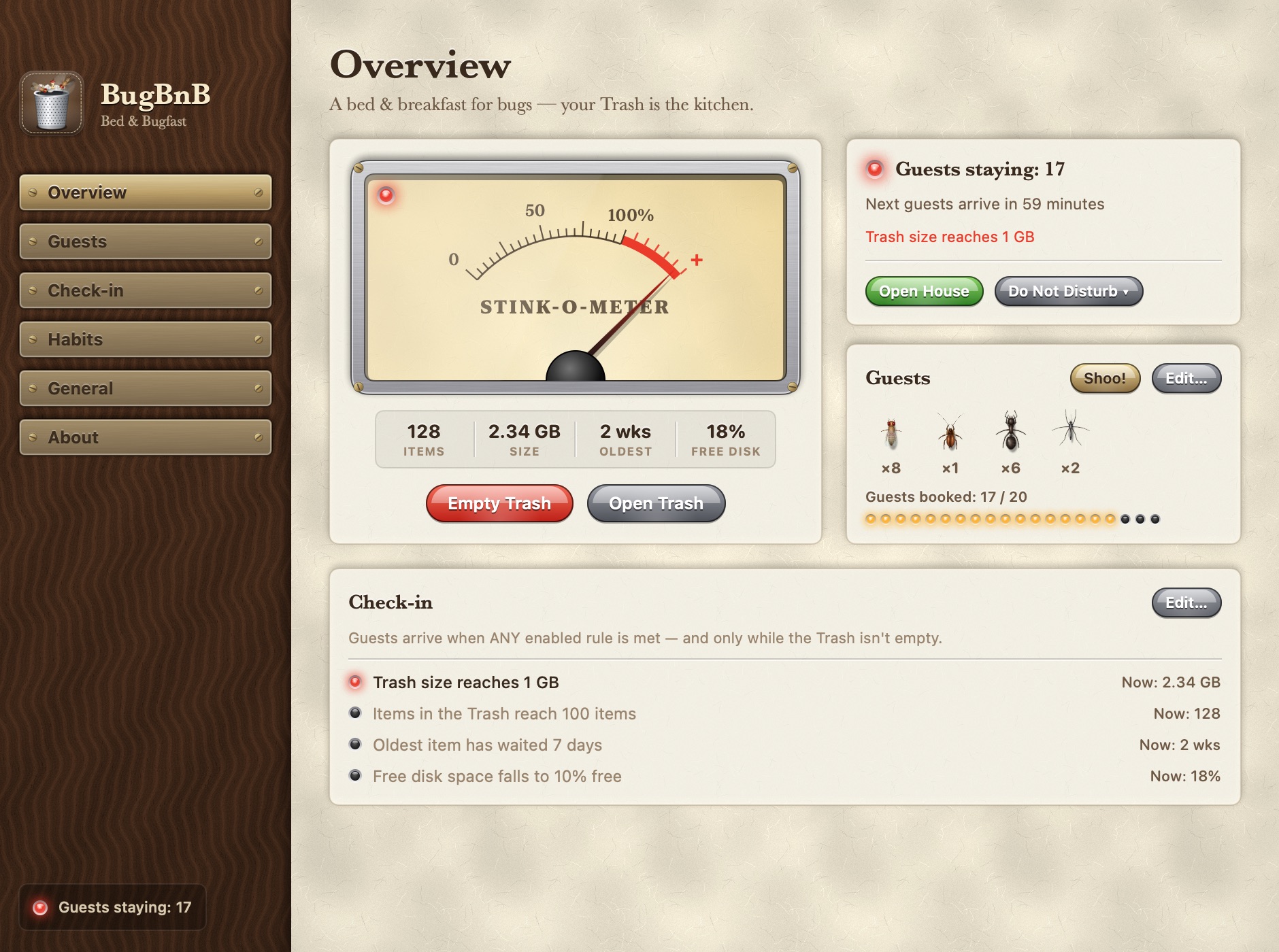 The Overview page: the Stink-o-Meter, the house status, the guests and the check-in rules