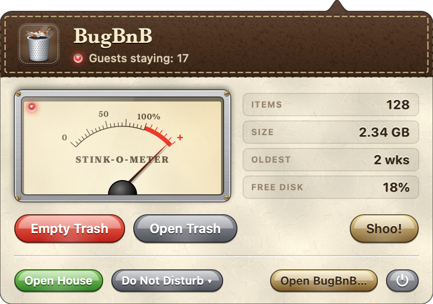 The BugBnB menu bar panel